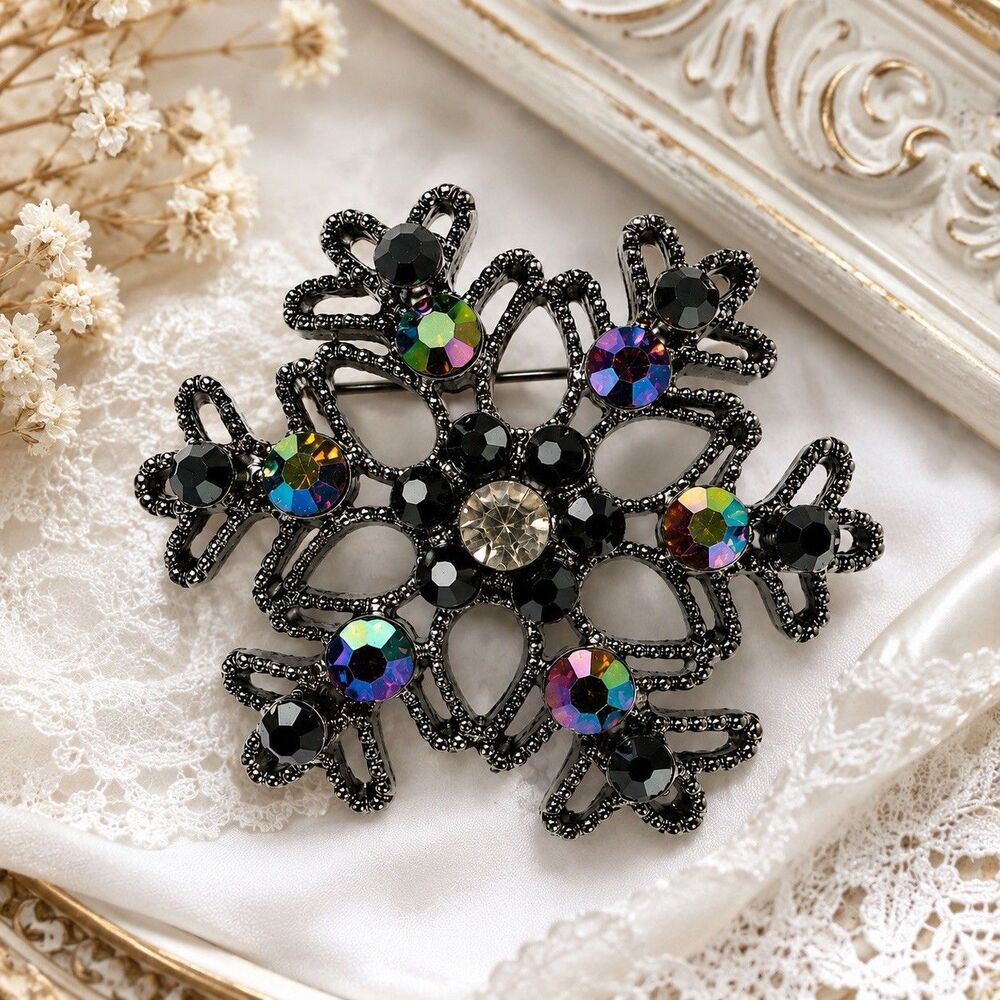 Vintage Japanned Black AB Rhinestone Floral Brooch Mid Century Daisy Pin 1950s